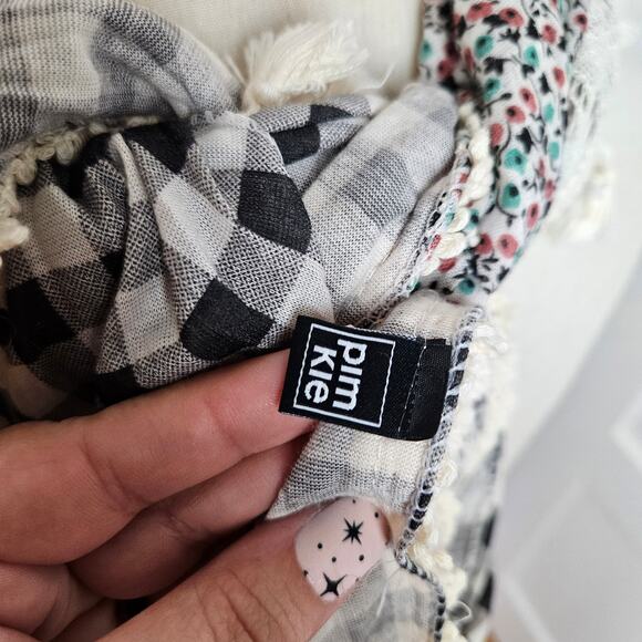 Pimkie Boho Layered Scarf Shawl Wrap Black Ivory Floral Check Tassel - Picture 12 of 12